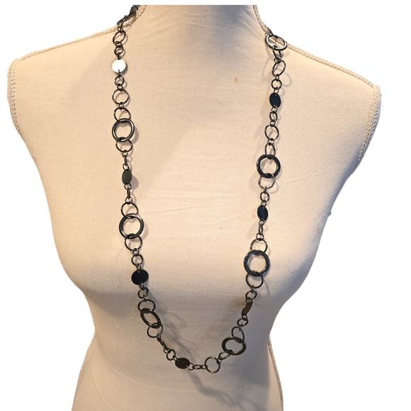 Charcoal Black Interlocked Ring Disc Necklace 36" Adjustable - Picture 1 of 6